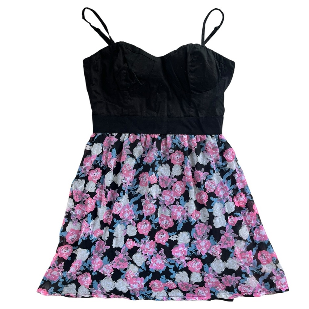 Guess Floral Black Mini Dress with Pink and Gray Roses